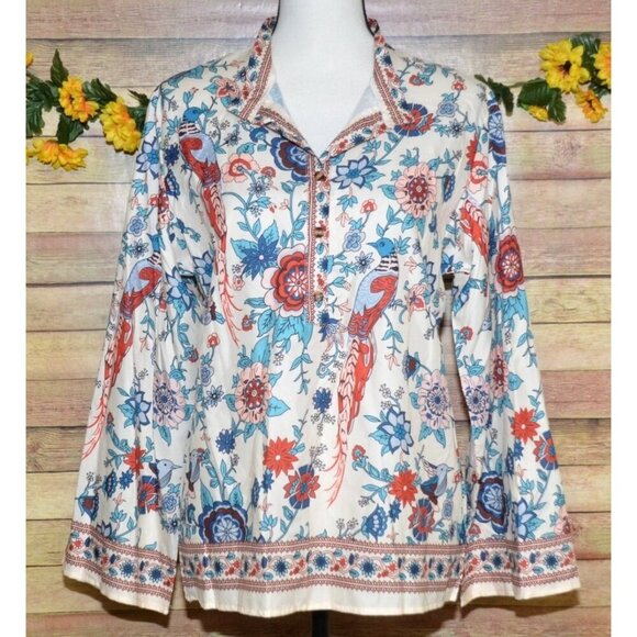 NWT Women M Tunic Blouse Shirt Colorful Peacock Print Loose Button Up Collarless - Picture 1 of 15